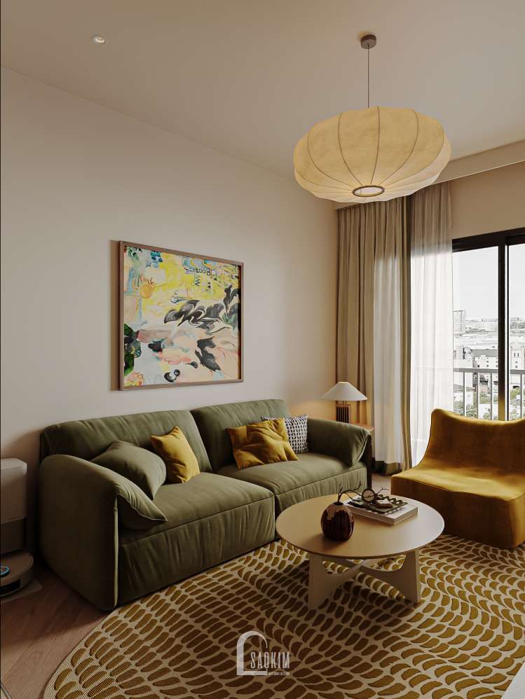 Thiết kế nội thất phòng khách chung cư phong cách Modern Retro dự án Lumière Evergreen - Sự chuyển tiếp giữa hiện đại và những sắc màu hoài niệm